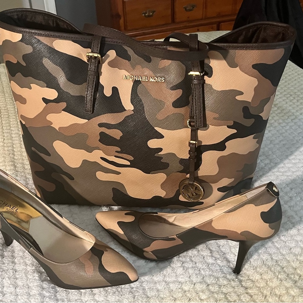 Michael Kors Camo Tote, matching heels sz 9, MK black dress XL w/ pockets, scarf